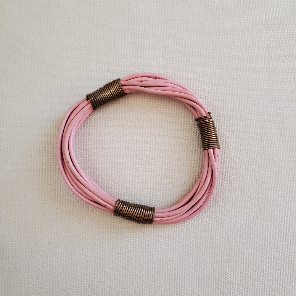 Pink leather and wire wrapped bangle